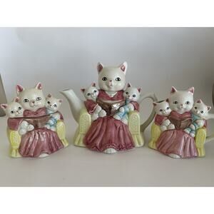 Vintage QVC Teapot Cat Kittens Tea Pot Ceramic Set